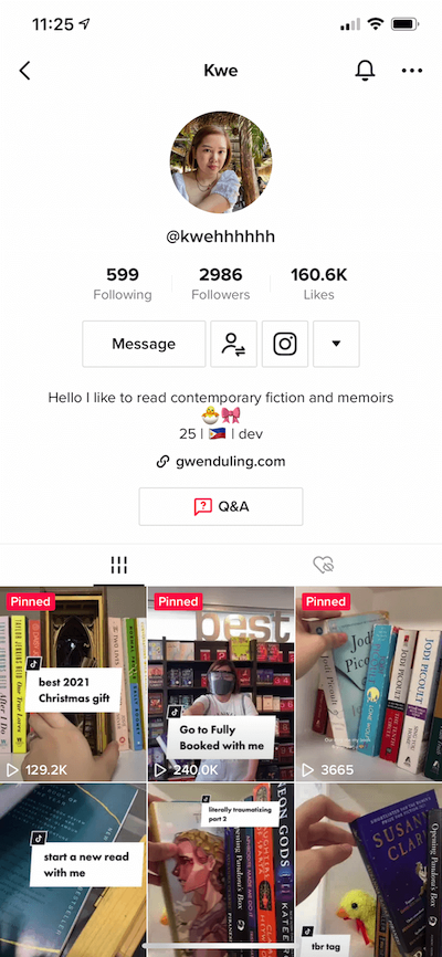 2021 screenshot of Kwe's booktok account