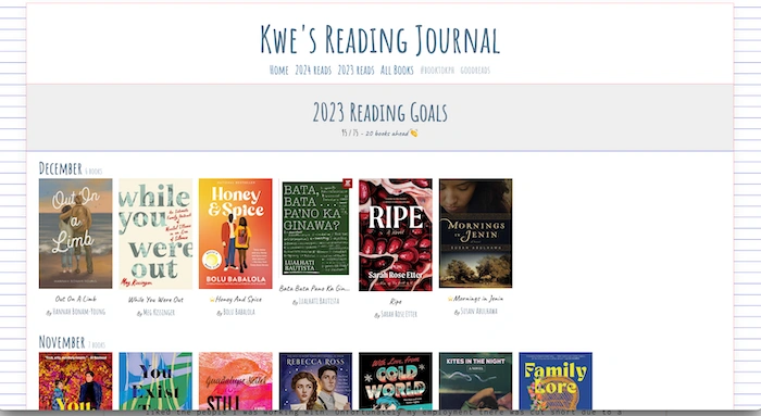 Screenshot of Kwe's reading journal (2023)