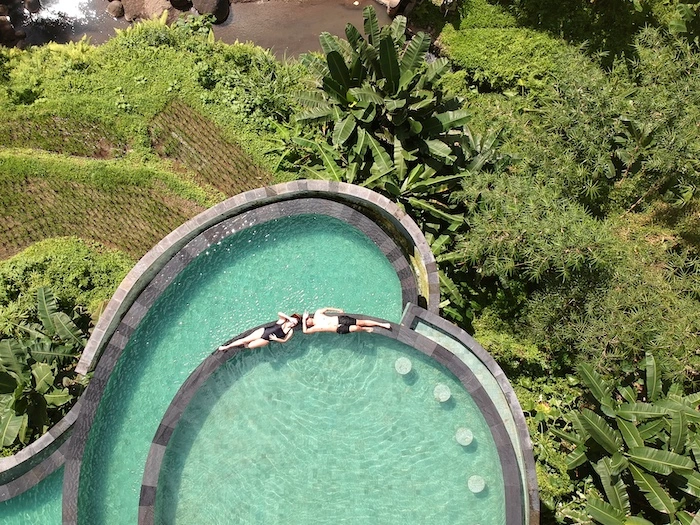 AJ and Kwe drone shot in Cretya Ubud pool