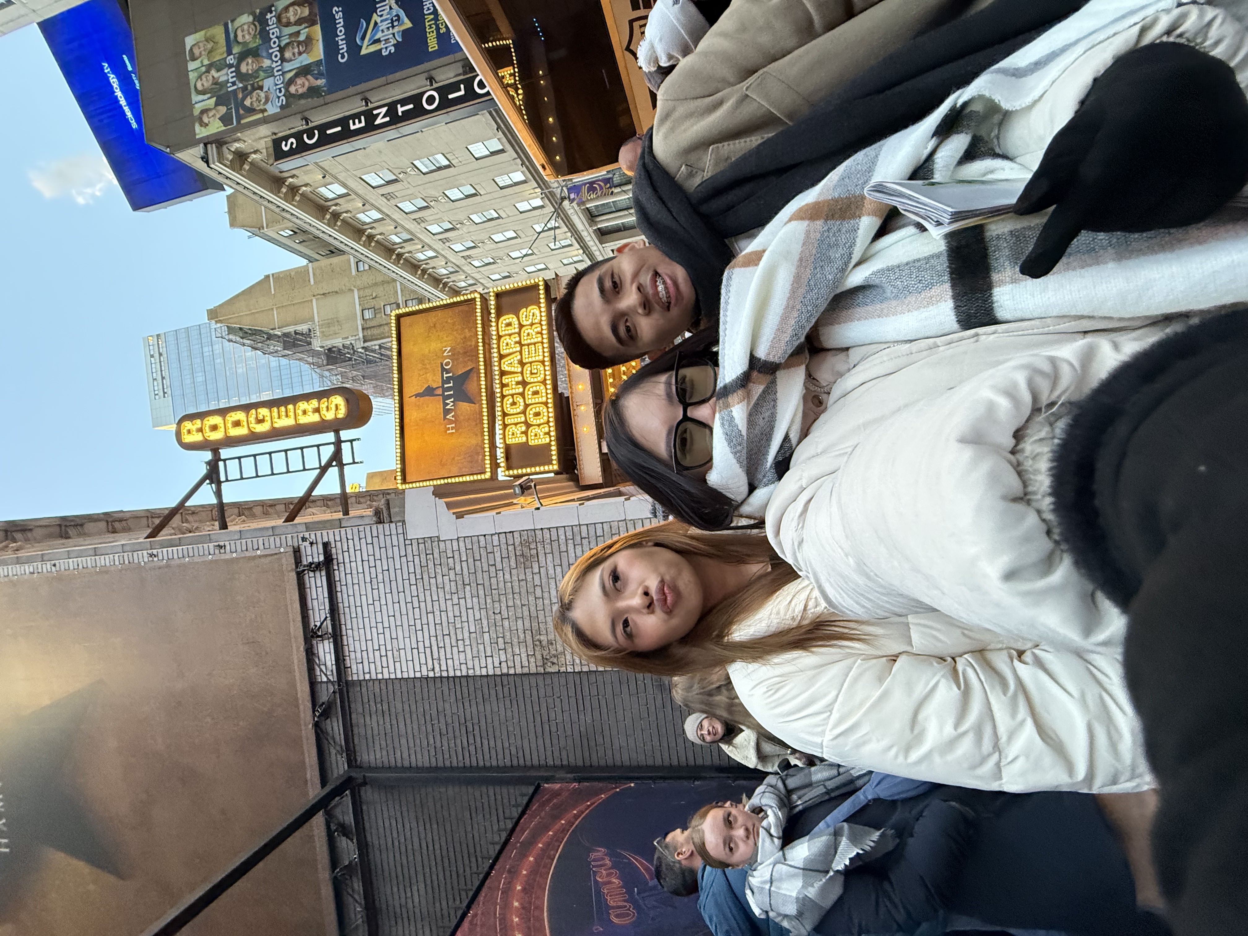 AJ, Kweh and Gab outside Richard Rodgers Theatre