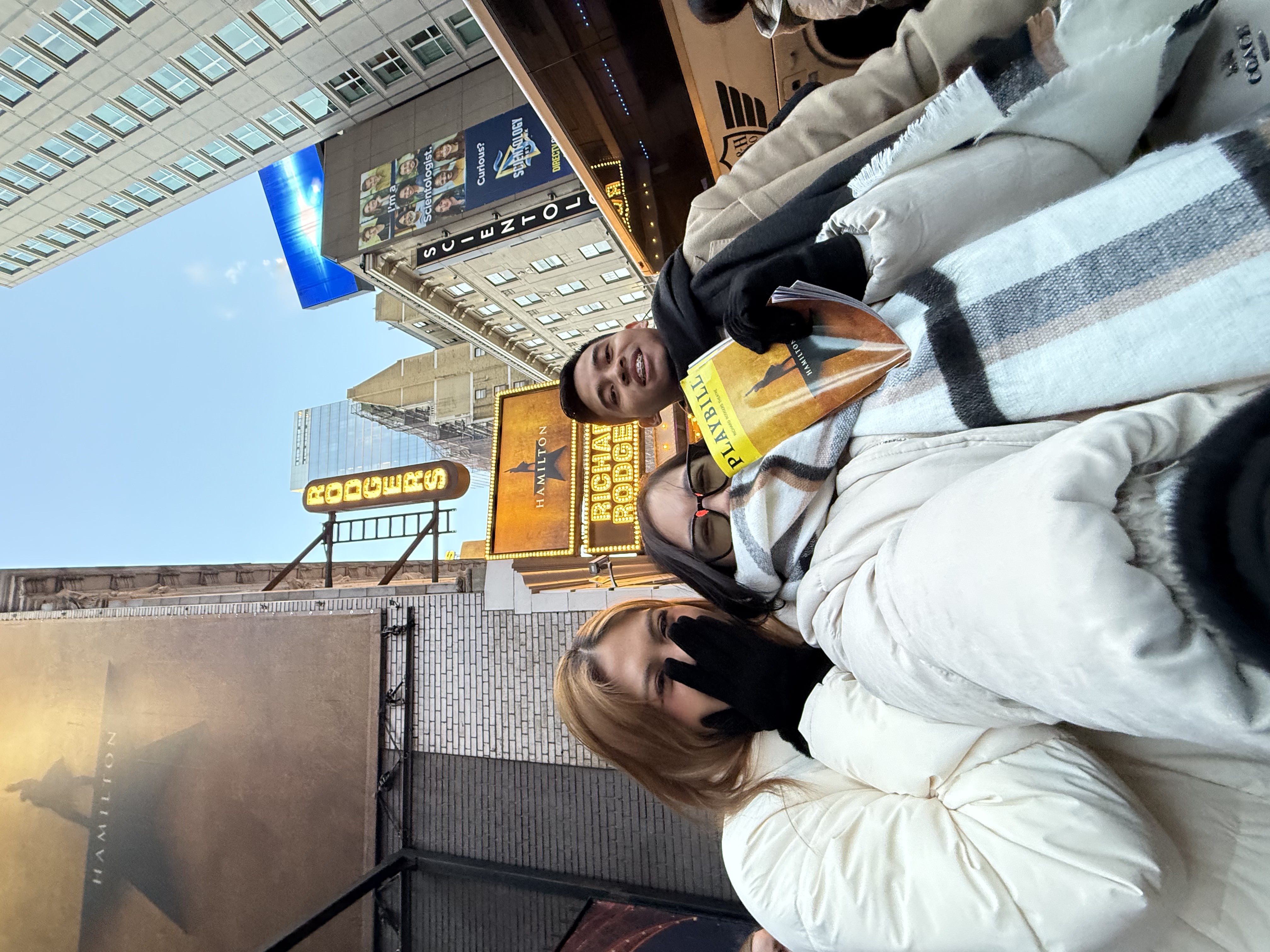 AJ, Kweh and Gab outside Richard Rodgers Theatre