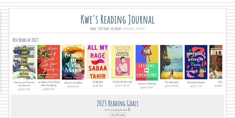Screenshot of Kwe's Reading Journal